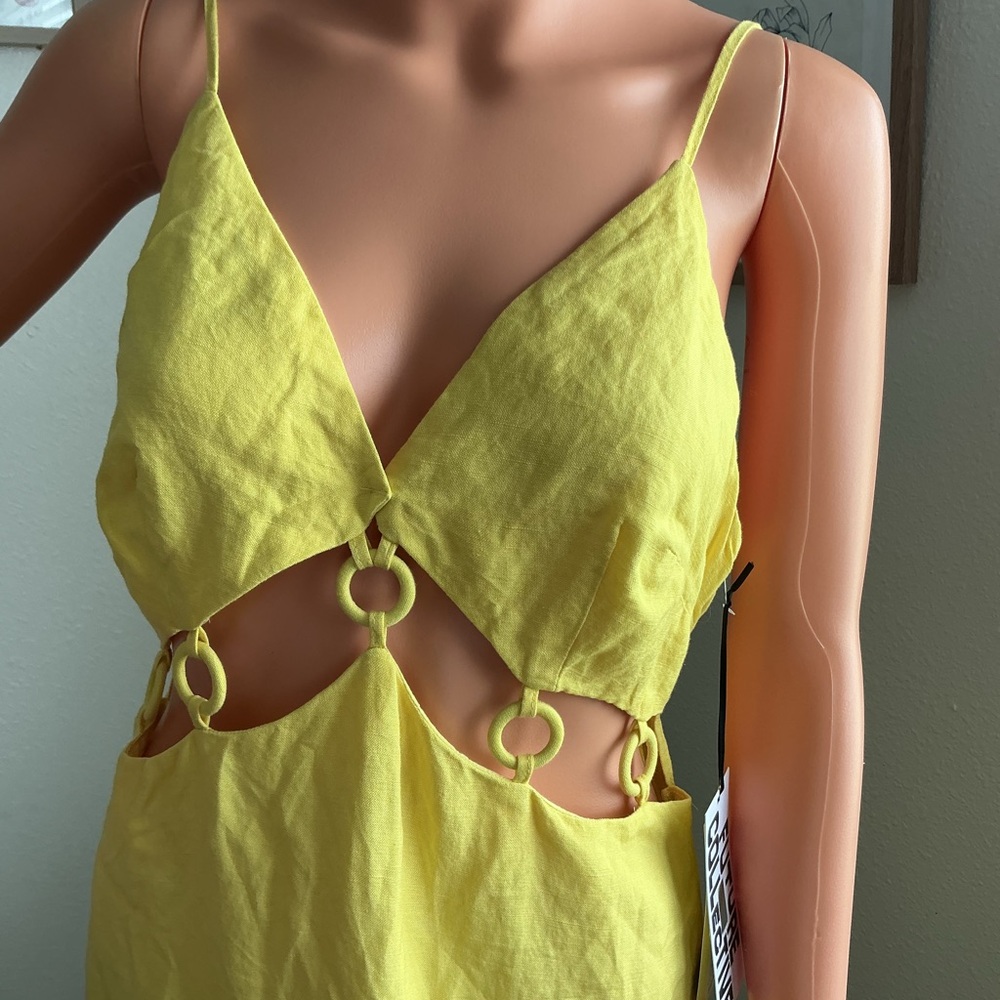 Women's Yellow Cutout Midi Dress - Spaghetti Strap Summer Dress Size 10 - Picture 5 of 9